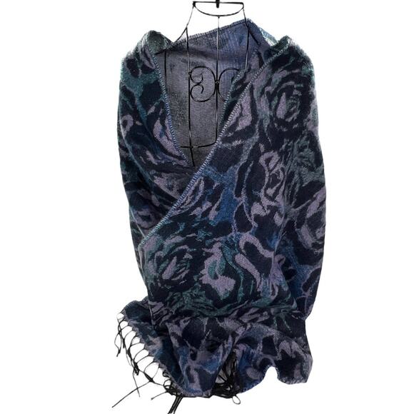 Steve Madden Blue Multi Floral Scarf Raw Edge Tassel L75" X W21"  Fringe 4" - Picture 4 of 12